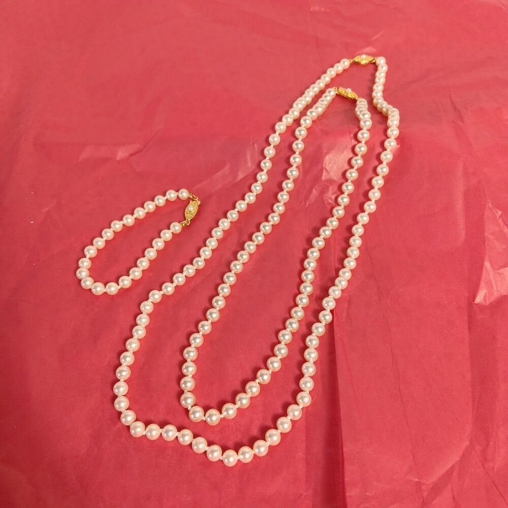 Japan Knotted Faux Pearl Necklaces 18" & 24" Bracelet 5" Set Gold Tone Metal